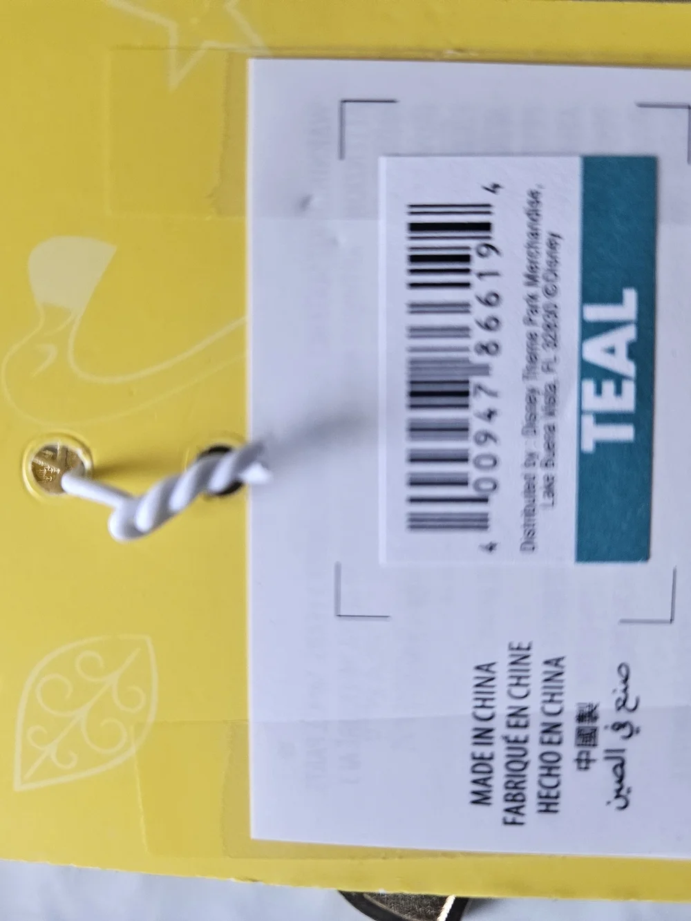 Disney Teal and Yellow Retail Tag with Gold Grommet